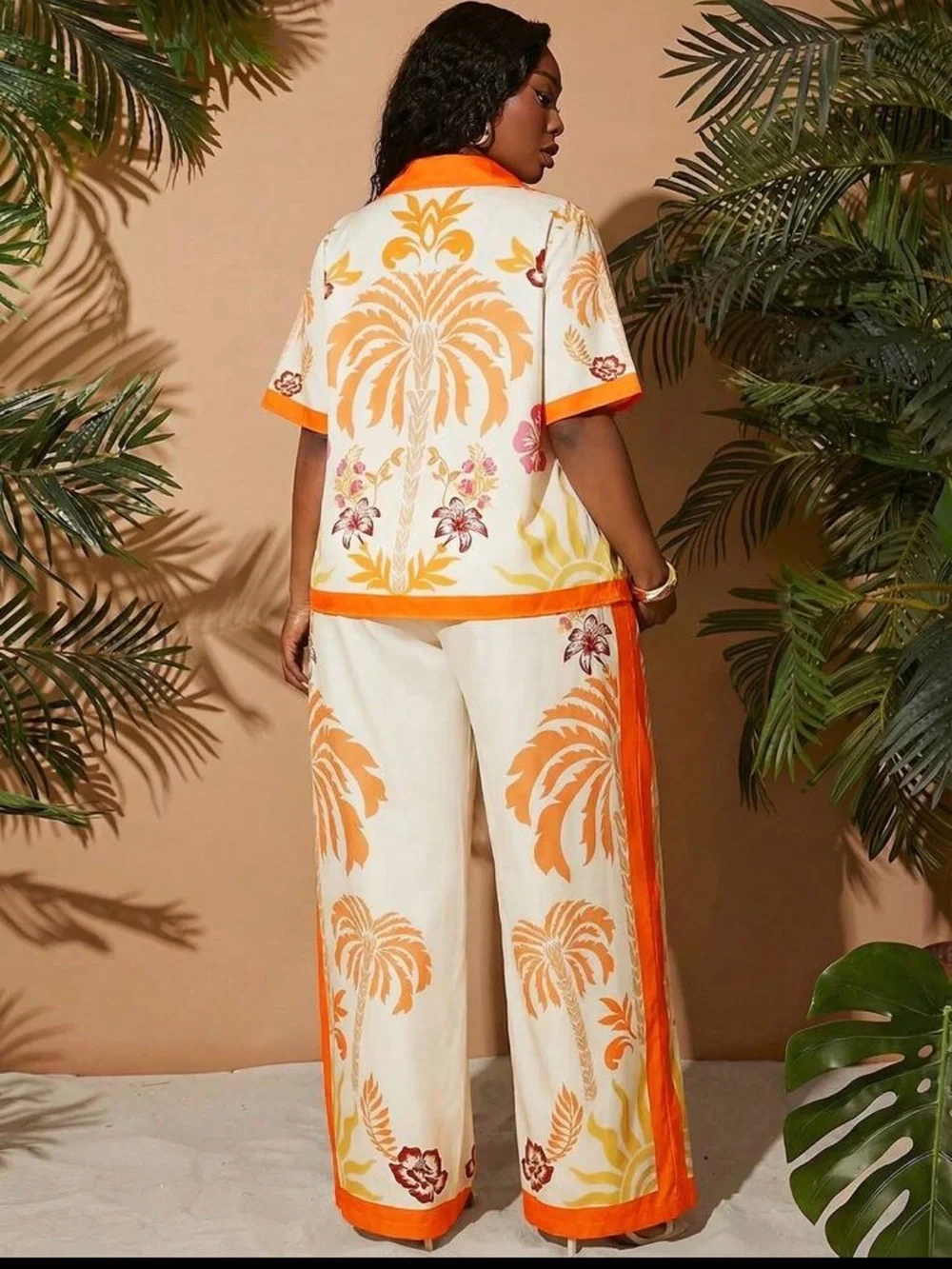 Women’s Orange Palm-Print Wide-Leg Jumpsuit Set